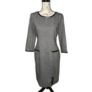 Calvin Klein Gray Tweed Wool Blend Dress 4 Faux Leather Trim Long Sleeve